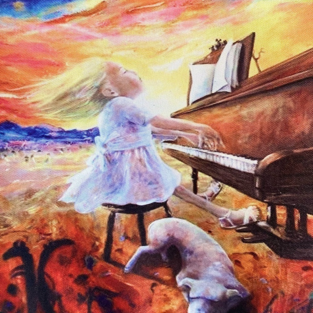 Tote Bag Picture of Little Girl Playing Brown Piano. Size: 35cm x 35cm